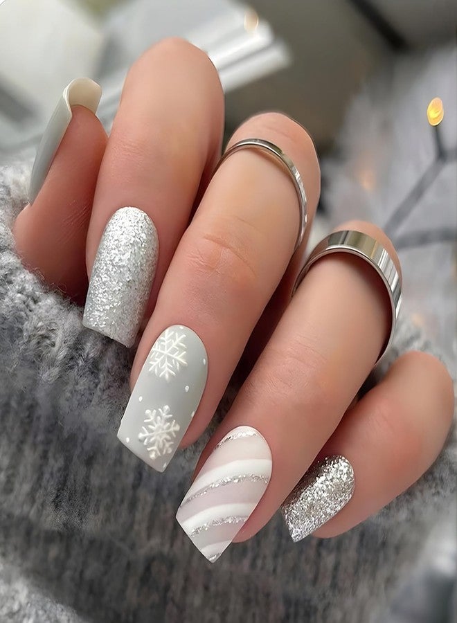 GRITOSE 24Pcs Christmas Press on Nails Short Square Fake Nails Glitter Snowflake Press on Nails Matte Full Cover Nails Press Christmas False Nails Holiday Xmas Glue on Nail Reusable Stick on Nail for Women - Image 1